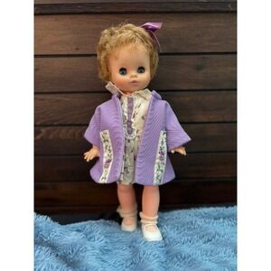 Vintage 1967 Horsman Doll Blonde Curly Hair Blue Eyes Original 60's Purple Coat